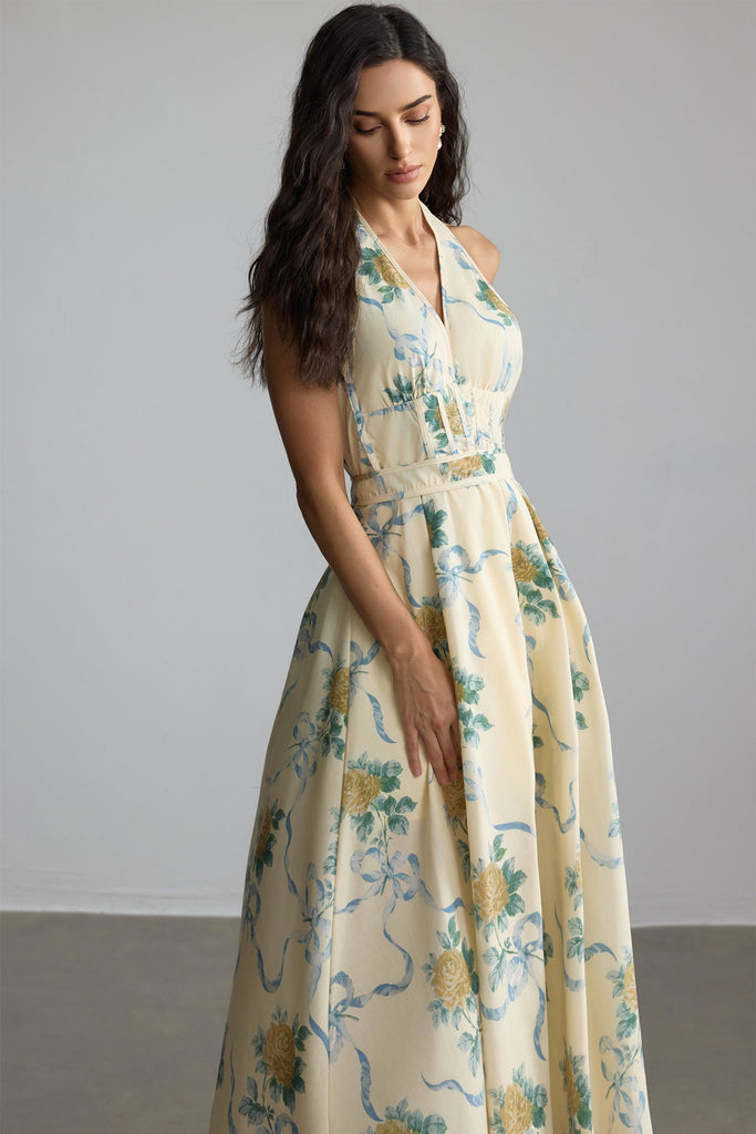 Shop  yellow dress - Perfect for special occasions | deirdre Floral Print Deep V Neck Midi Dress in yellow