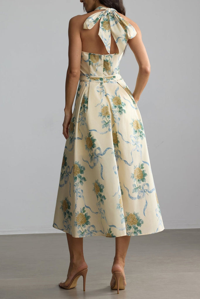 deirdre Floral Print Deep V Neck Midi Dress in yellow - Stylish yellow dress for special occasions | Buy Online