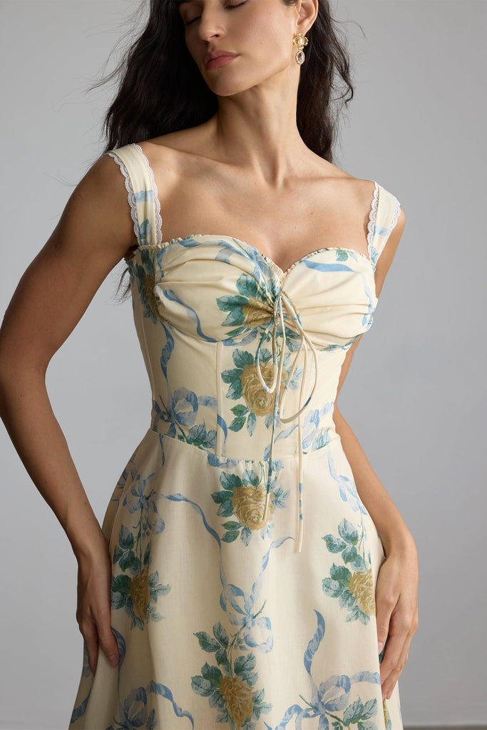 Stylish yellow dress | daphne Floral Print Sweetheart Midi Dress in yellow - Ideal for special occasions