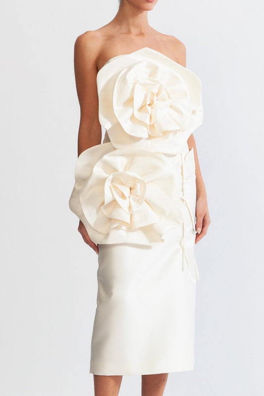 bonnie 3D Voluminous Flower Design Midi Dress - Ivoire