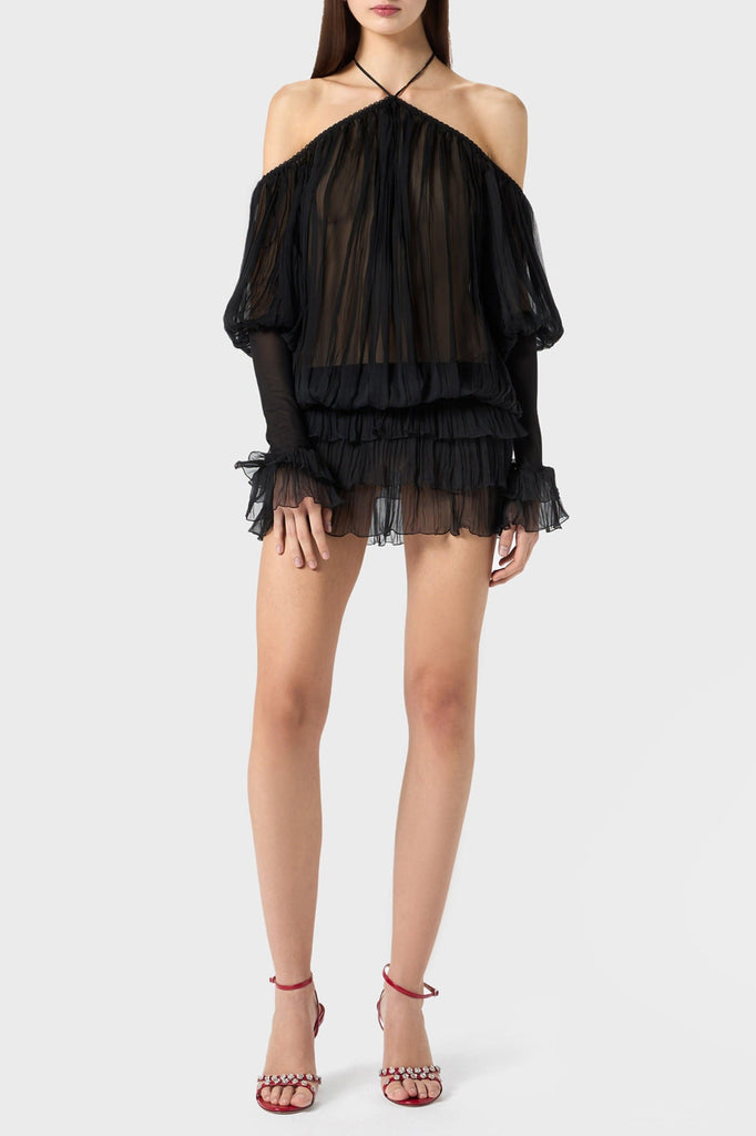 Inaki Halter Pleated Ruffle Mini Dress - Black - Stylish black dress for special occasions | Buy Online