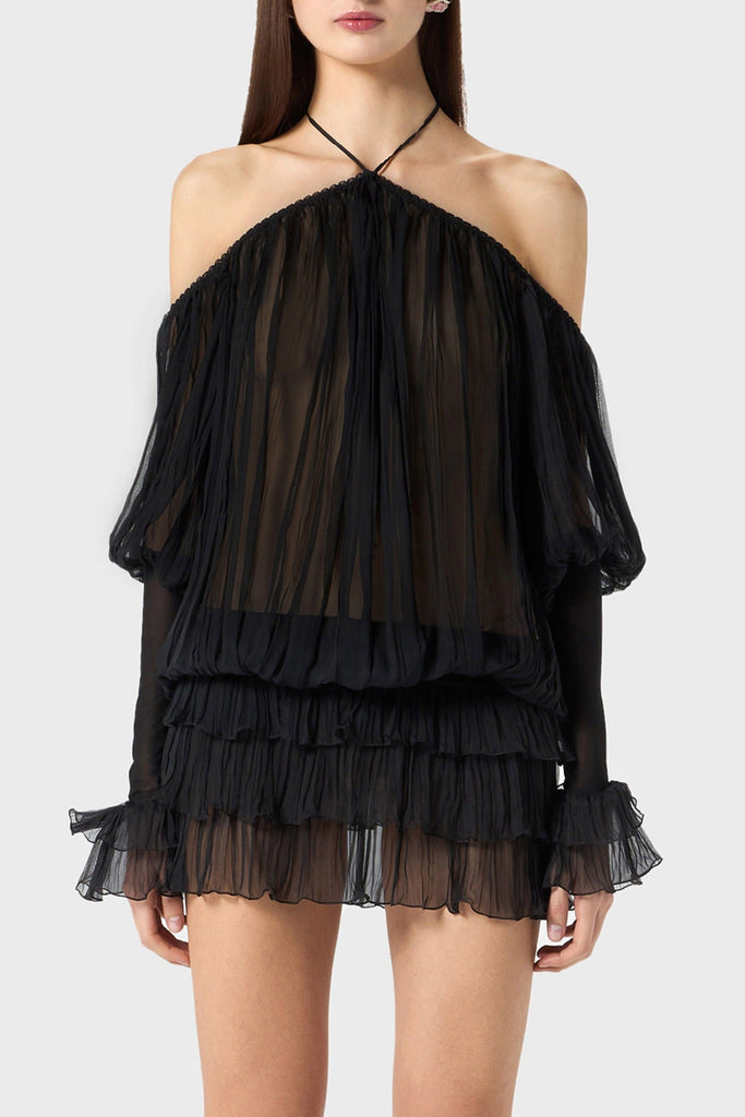 Inaki Halter Pleated Ruffle Mini Dress - Black - Stylish black dress for special occasions | Buy Online