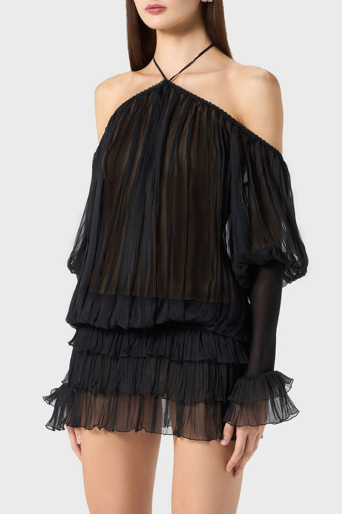 Stylish black dress | Inaki Halter Pleated Ruffle Mini Dress - Black - Ideal for special occasions