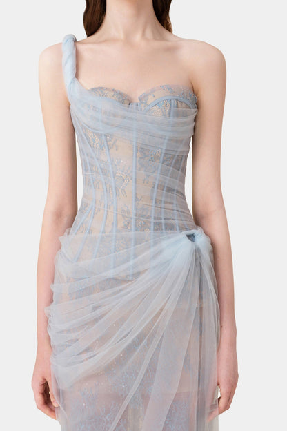 Inina Lace Corset One Shoulder Midi Dress - Blue