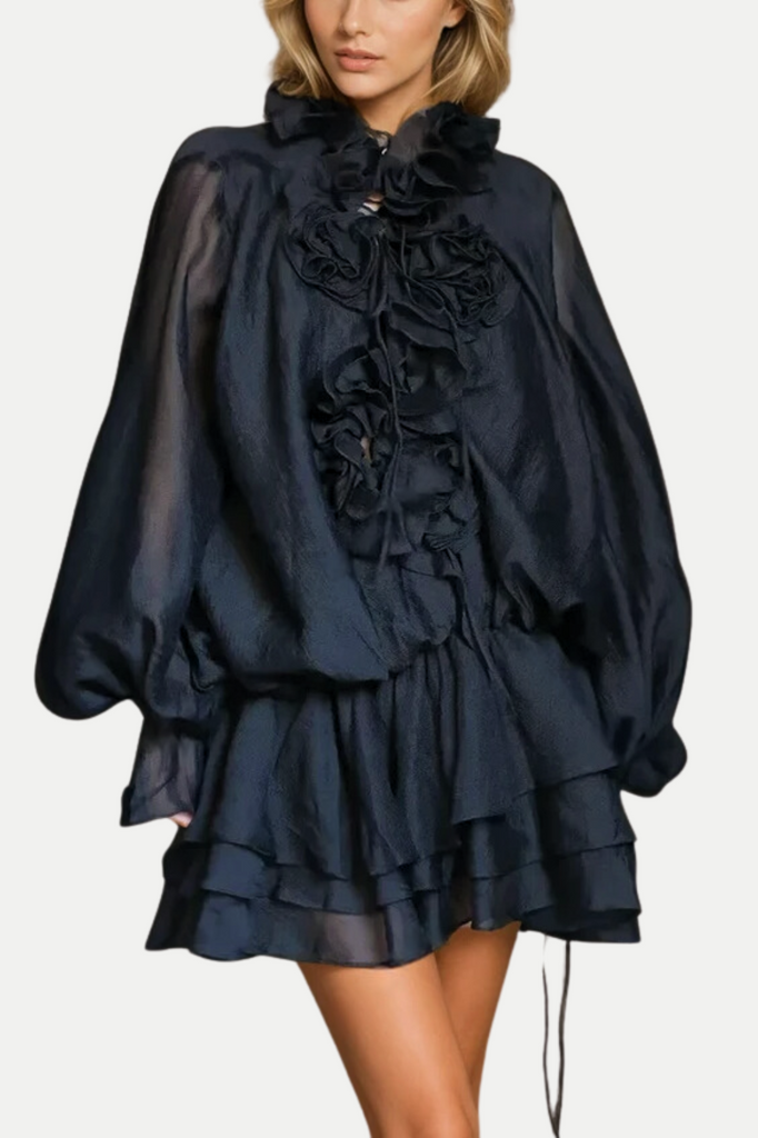Stylish black dress | Jaketta Flower Ruffle Mini Dress - Black - Ideal for special occasions