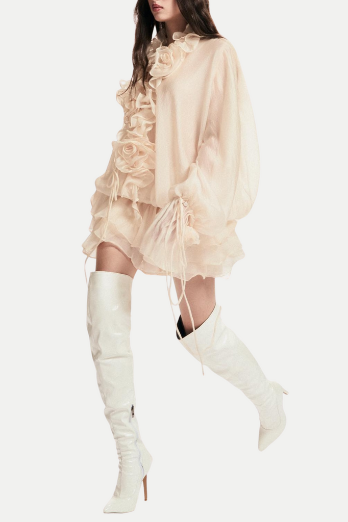 Stylish beige dress | Jaketta Flower Ruffle Mini Dress - Beige - Ideal for special occasions