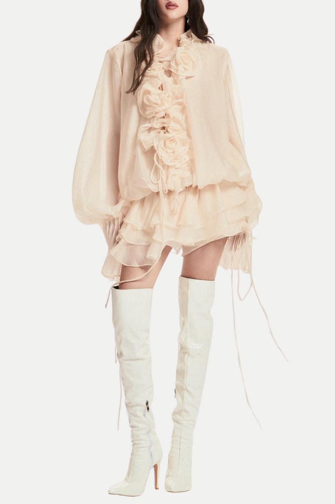 Shop  beige dress - Perfect for special occasions | Jaketta Flower Ruffle Mini Dress - Beige