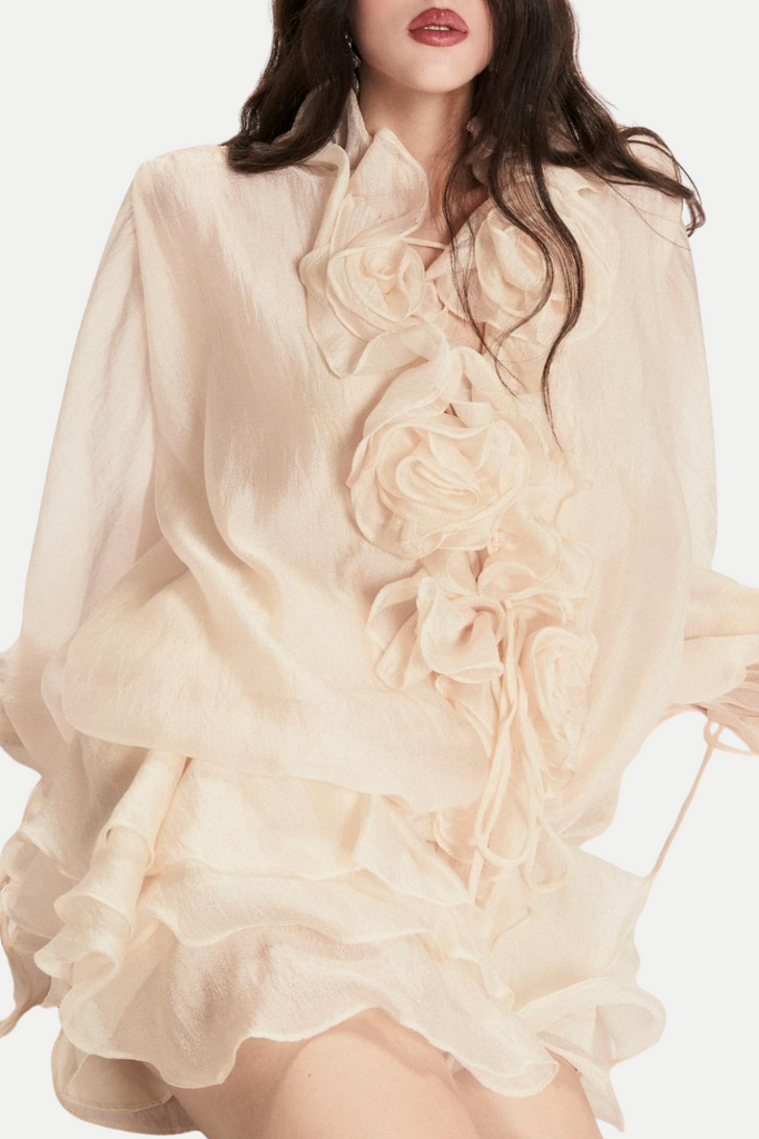 Stylish beige dress | Jaketta Flower Ruffle Mini Dress - Beige - Ideal for special occasions