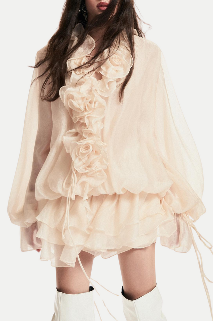 Jaketta Flower Ruffle Mini Dress - Beige - Stylish beige dress for special occasions | Buy Online