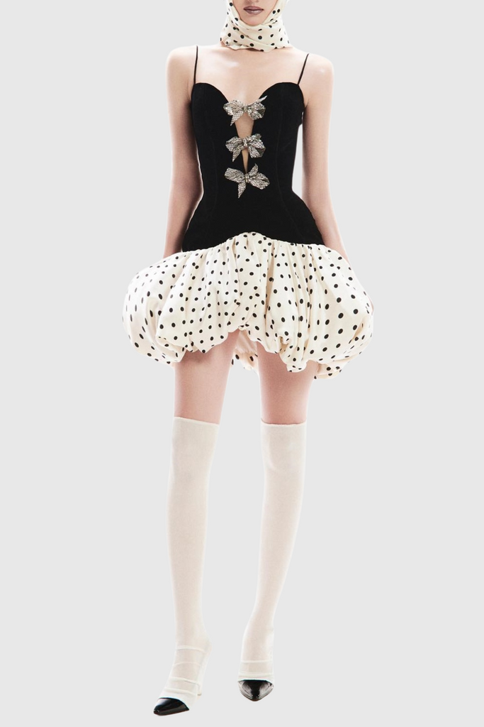 Jamara Bow Embellished Puff Dot Mini Dress - Stylish beautiful dress for special occasions | Buy Online