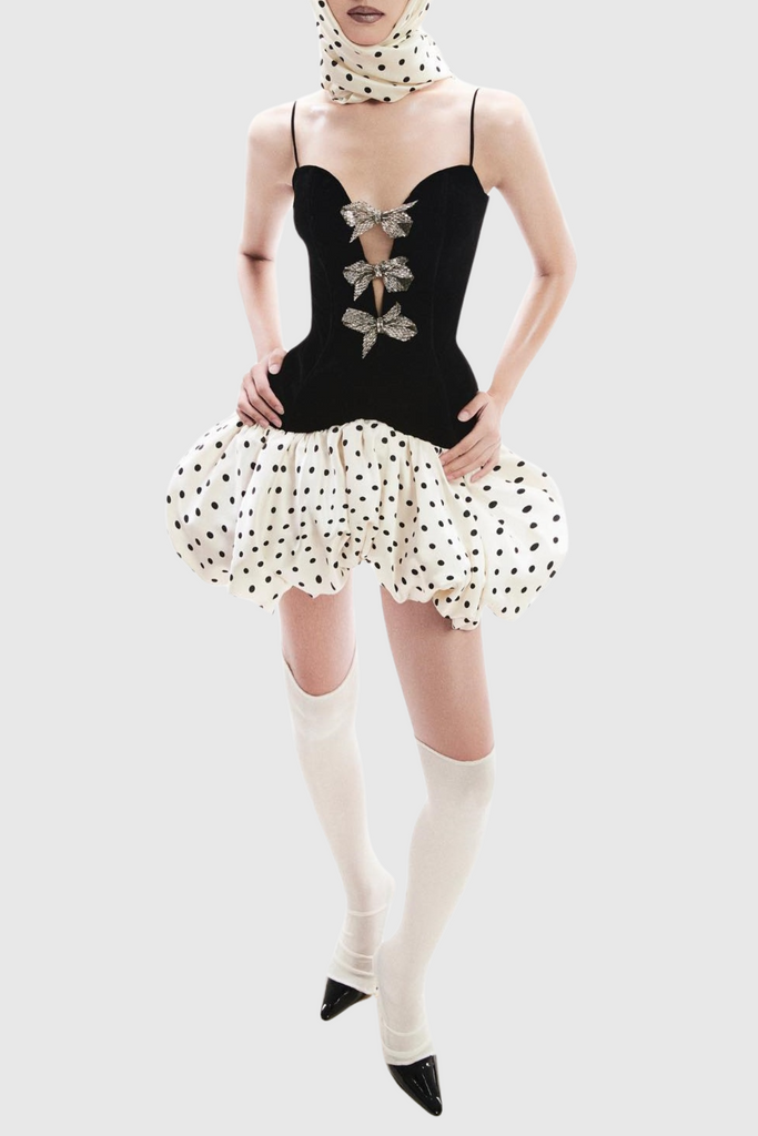 Stylish beautiful dress | Jamara Bow Embellished Puff Dot Mini Dress - Ideal for special occasions