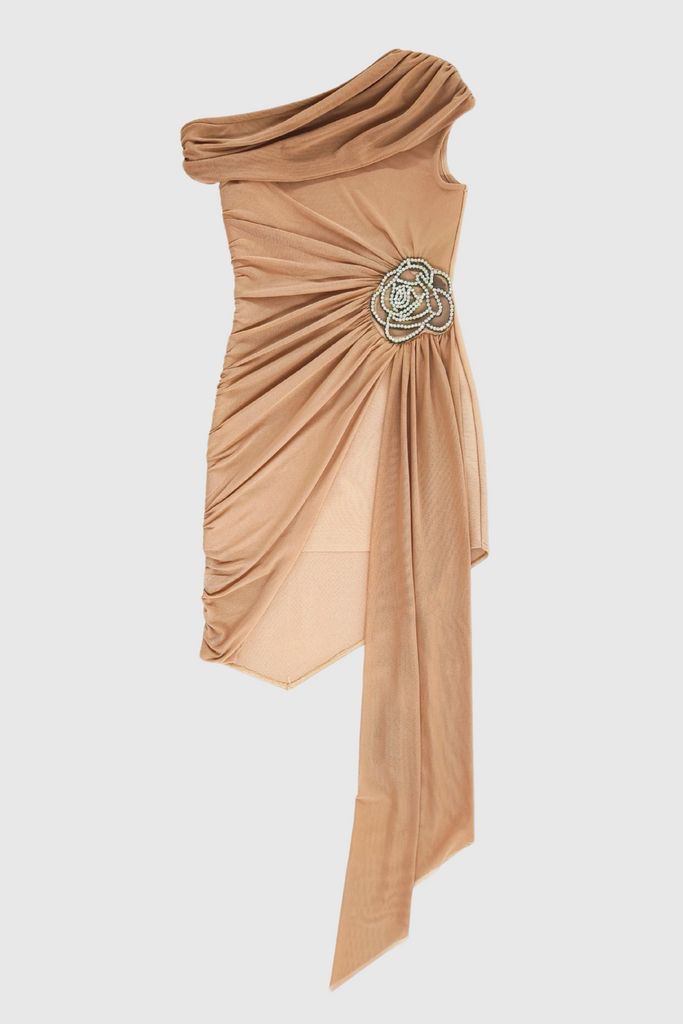 Janett One Shoulder Floral Embellished Mini Dress - Khaki - Stylish beautiful dress for special occasions | Buy Online