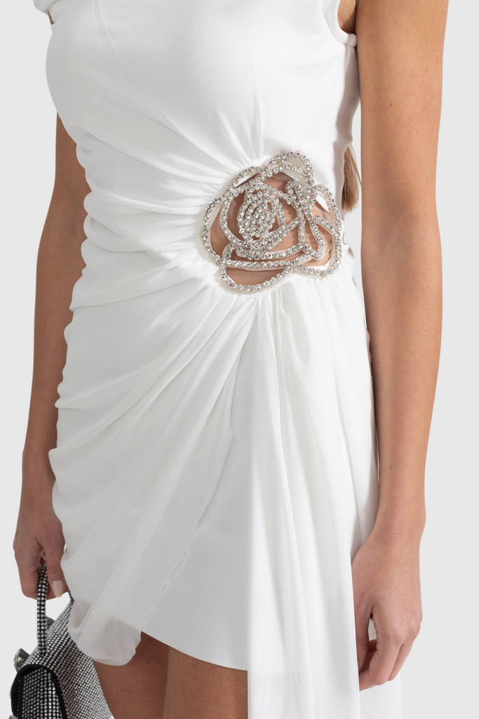 Shop  white dress - Perfect for special occasions | Janett One Shoulder Floral Embellished Mini Dress - White
