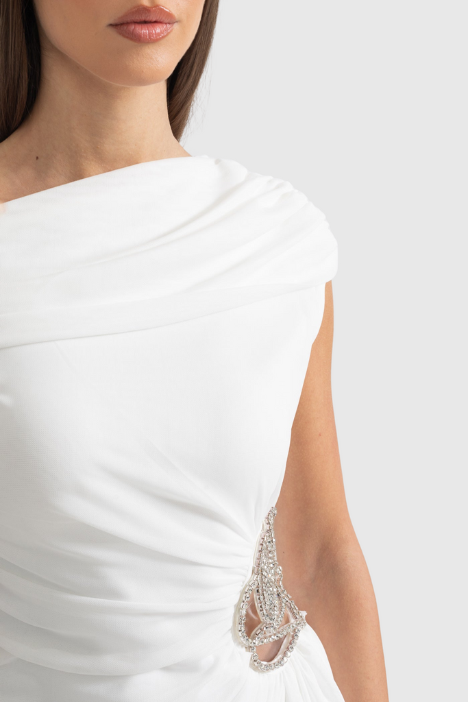 Stylish white dress | Janett One Shoulder Floral Embellished Mini Dress - White - Ideal for special occasions