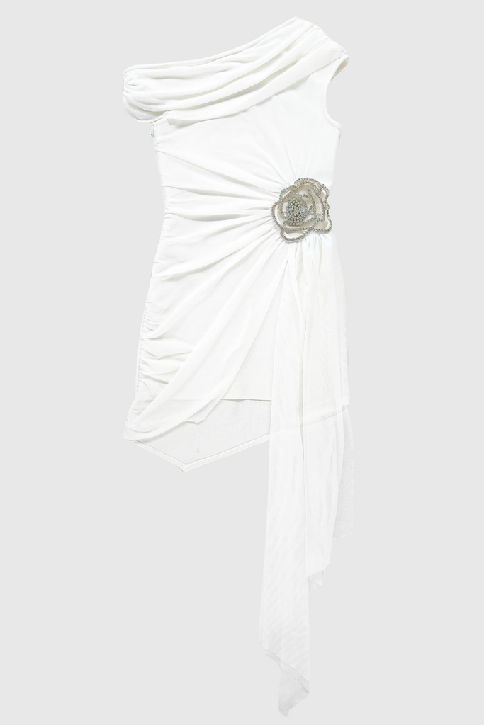 Stylish white dress | Janett One Shoulder Floral Embellished Mini Dress - White - Ideal for special occasions