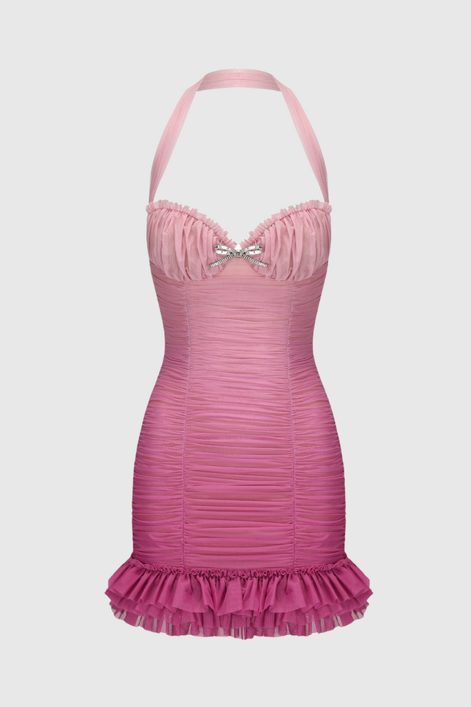 Shop  pink dress - Perfect for special occasions | Jodelle Halter Mesh Gradient Rushed Mini Dress - Pink