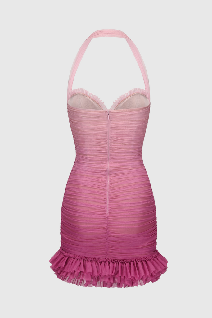 Stylish pink dress | Jodelle Halter Mesh Gradient Rushed Mini Dress - Pink - Ideal for special occasions