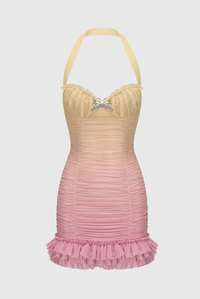 Jodelle Halter Mesh Gradient Rushed Mini Dress - Yellow - Stylish yellow dress for special occasions | Buy Online