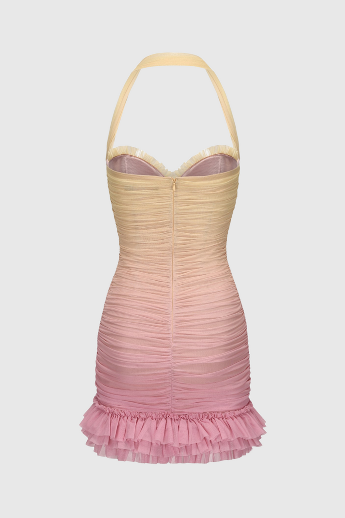 Shop  yellow dress - Perfect for special occasions | Jodelle Halter Mesh Gradient Rushed Mini Dress - Yellow