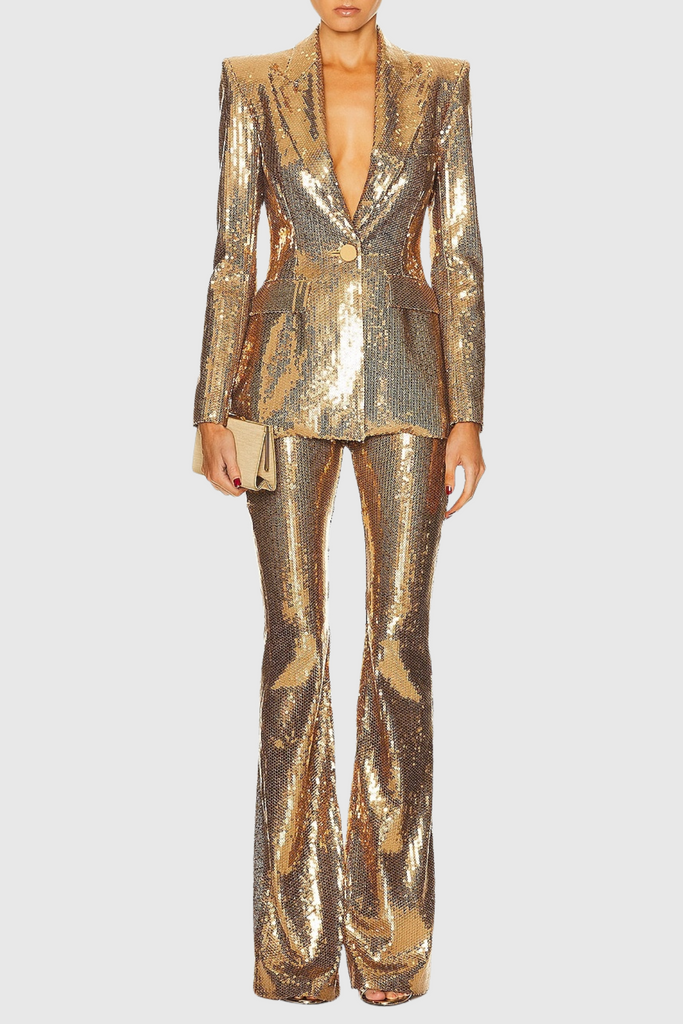 Stylish beautiful dress | Joye Gold Sequin Blazer Two Piece Set - Ideal for special occasions