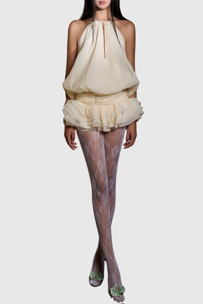 Gaiwan Halter Pearl Ruffle Mini Dress - Stylish beautiful dress for special occasions | Buy Online