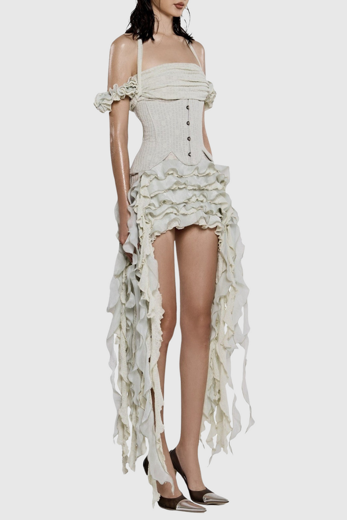 Stylish beige dress | Juricn Halter Corset Ruffle Fringe Mini Dress - Beige - Ideal for special occasions