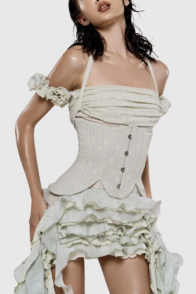 Stylish beige dress | Juricn Halter Corset Ruffle Fringe Mini Dress - Beige - Ideal for special occasions