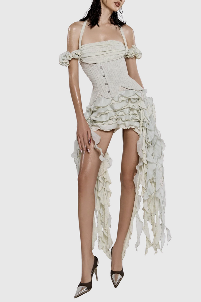 Juricn Halter Corset Ruffle Fringe Mini Dress - Beige - Stylish beige dress for special occasions | Buy Online