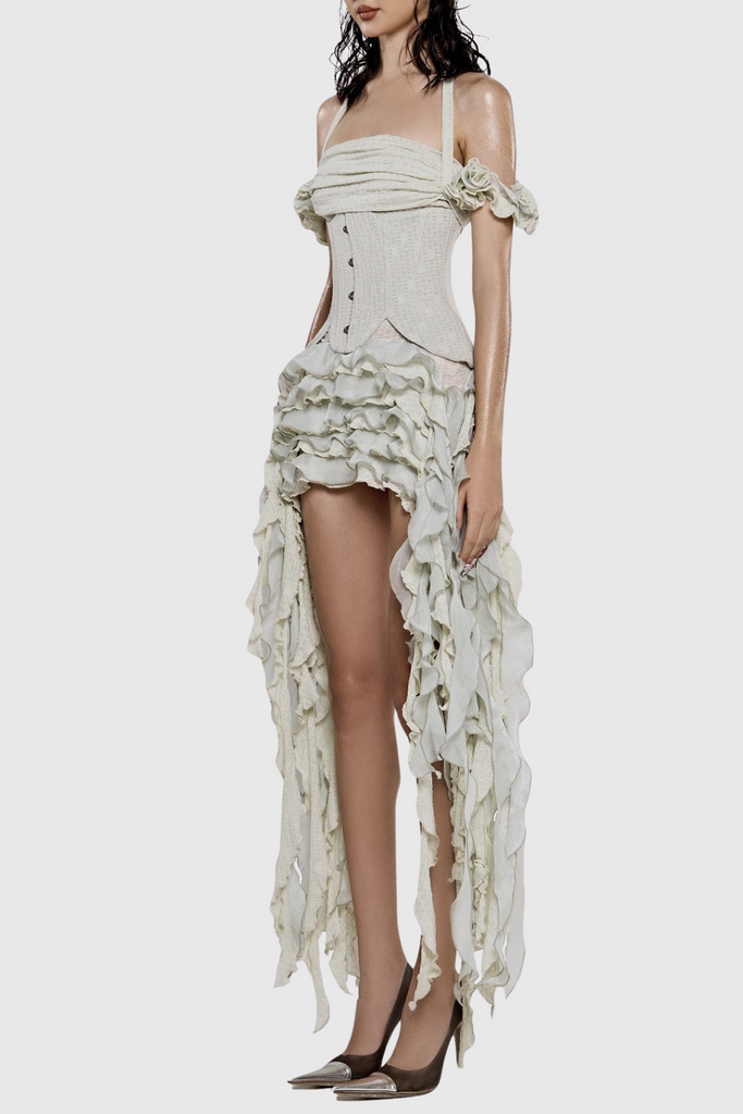 Juricn Halter Corset Ruffle Fringe Mini Dress - Beige - Stylish beige dress for special occasions | Buy Online