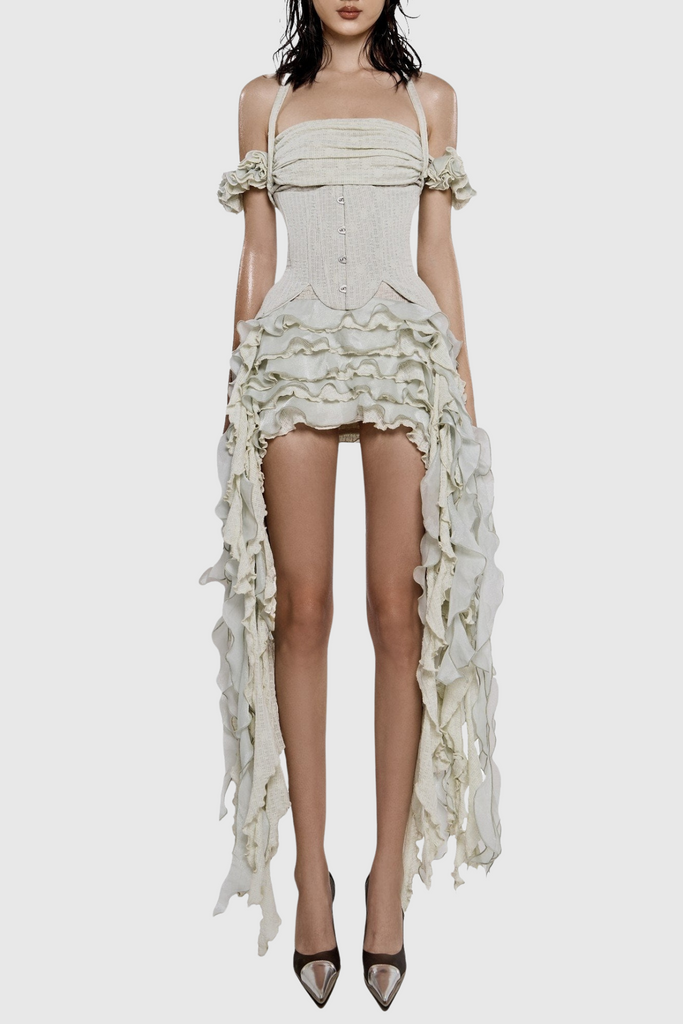 Shop  beige dress - Perfect for special occasions | Juricn Halter Corset Ruffle Fringe Mini Dress - Beige