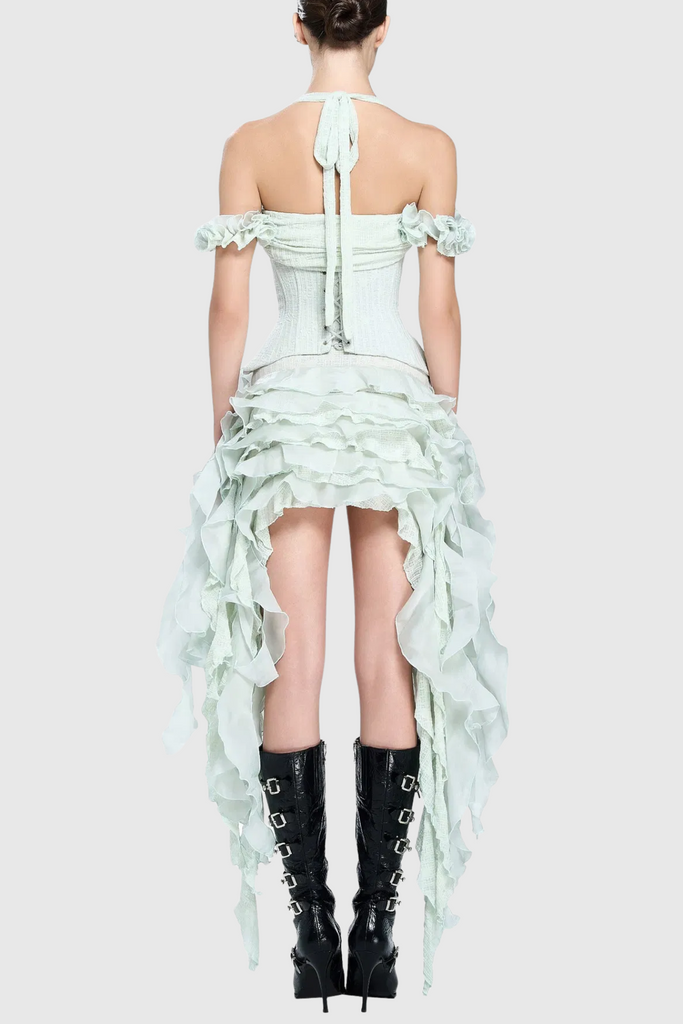 Juricn Halter Corset Ruffle Fringe Mini Dress - Green - Stylish green dress for special occasions | Buy Online