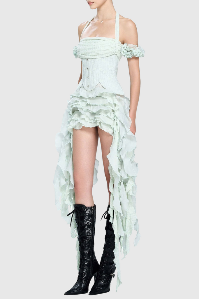 Juricn Halter Corset Ruffle Fringe Mini Dress - Green - Stylish green dress for special occasions | Buy Online