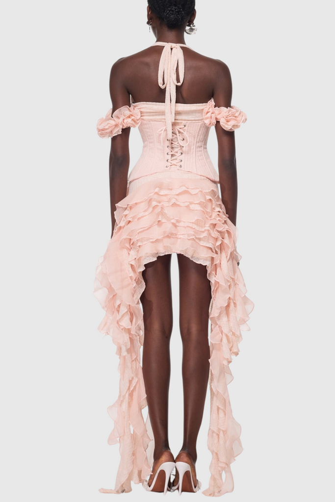 Juricn Halter Corset Ruffle Fringe Mini Dress - Pink - Stylish pink dress for special occasions | Buy Online