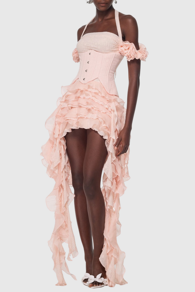 Shop  pink dress - Perfect for special occasions | Juricn Halter Corset Ruffle Fringe Mini Dress - Pink