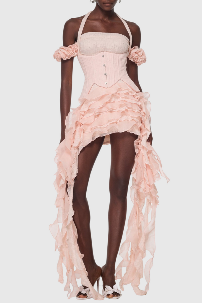 Juricn Halter Corset Ruffle Fringe Mini Dress - Pink - Stylish pink dress for special occasions | Buy Online