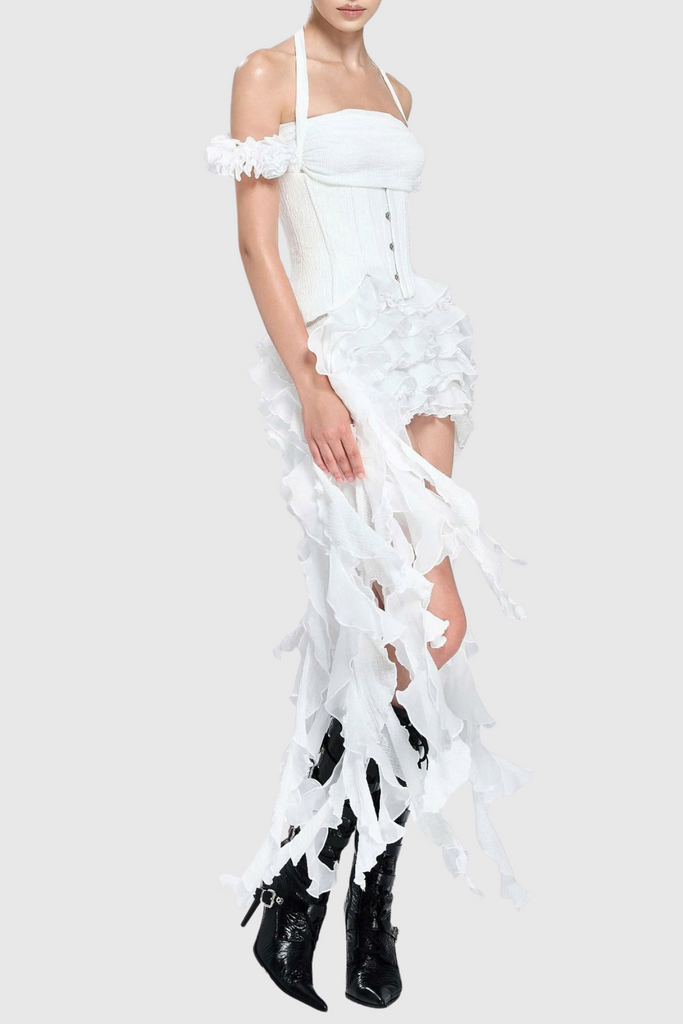 Shop  white dress - Perfect for special occasions | Juricn Halter Corset Ruffle Fringe Mini Dress - White