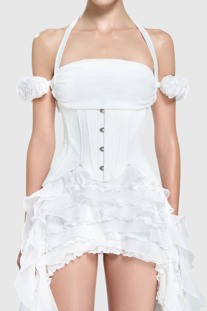 Juricn Halter Corset Ruffle Fringe Mini Dress - White - Stylish white dress for special occasions | Buy Online