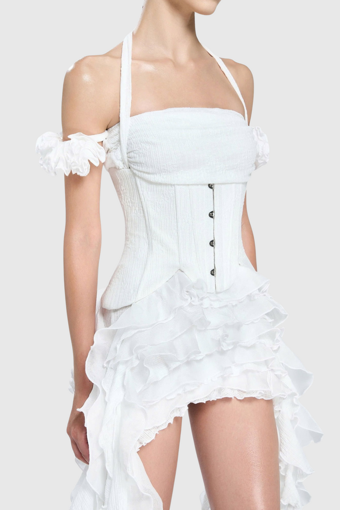 Juricn Halter Corset Ruffle Fringe Mini Dress - White - Stylish white dress for special occasions | Buy Online