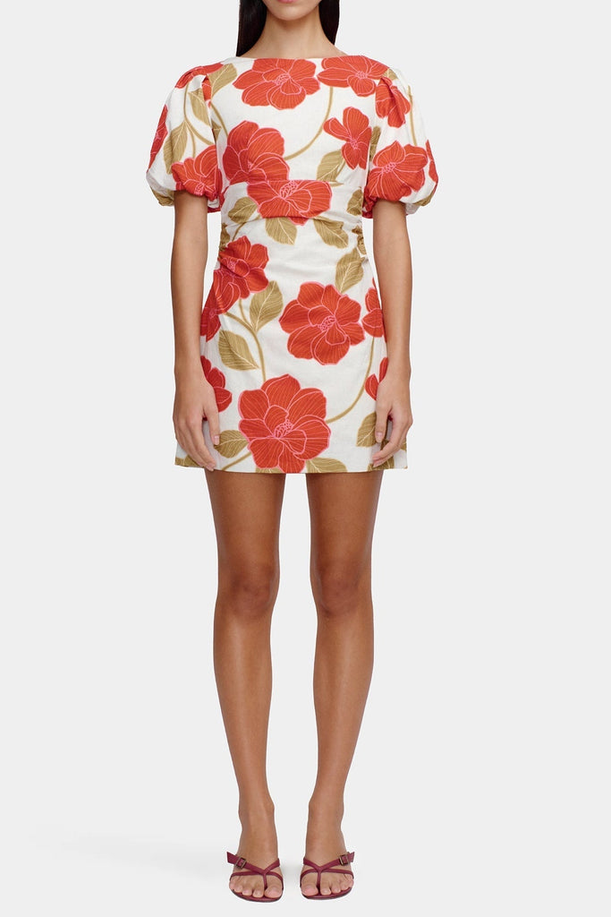 multicolor Printed puff-sleeve crinkled linen mini dress - Stylish beautiful dress for special occasions | Buy Online