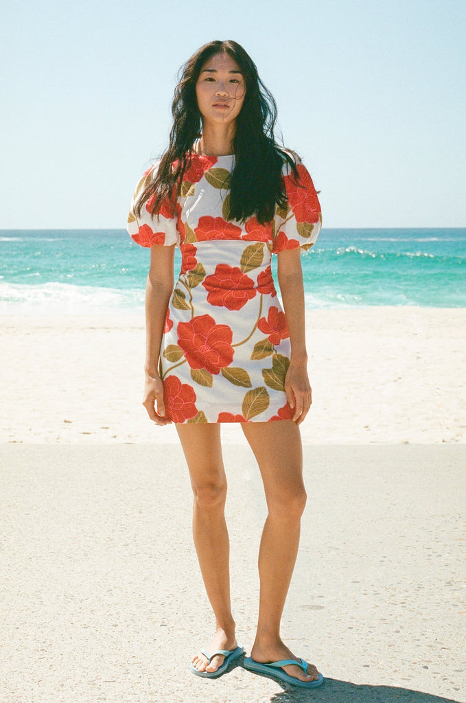 multicolor Printed puff-sleeve crinkled linen mini dress - Stylish beautiful dress for special occasions | Buy Online