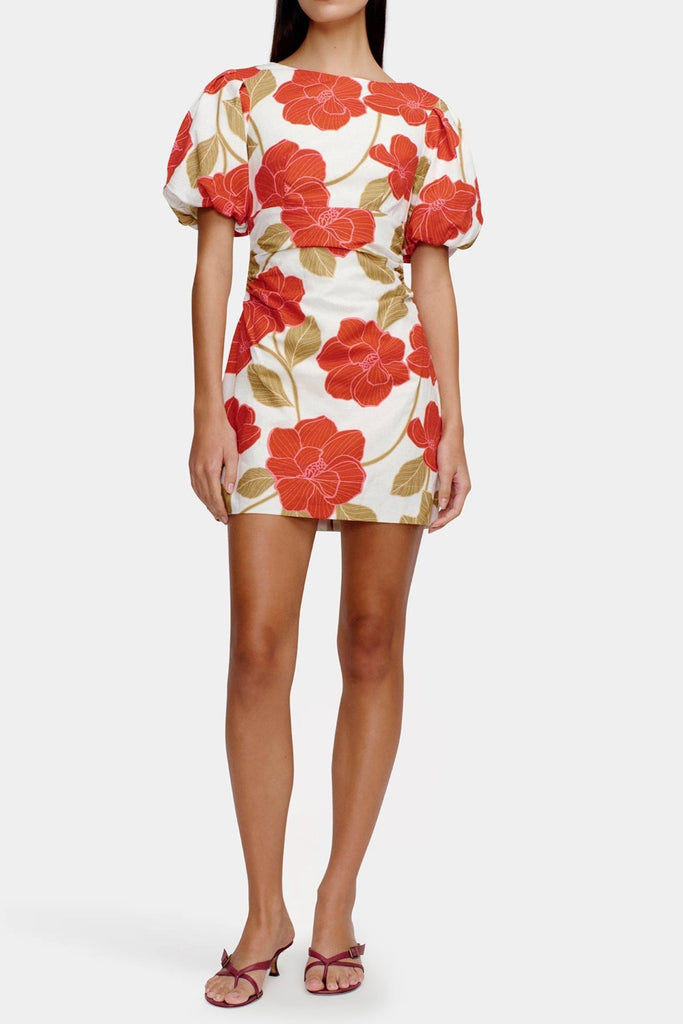 Shop  beautiful dress - Perfect for special occasions | multicolor Printed puff-sleeve crinkled linen mini dress