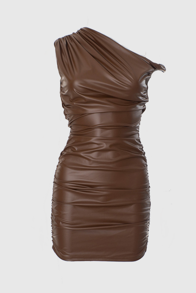 Shop  brown dress - Perfect for special occasions | Kadwyn Ruched Asymmetric Faux Leather Mini Dress - Brown