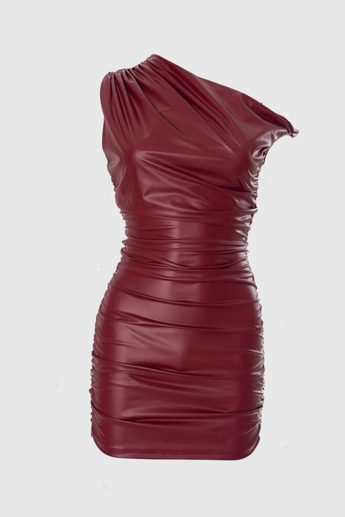 Shop  red dress - Perfect for special occasions | Kadwyn Ruched Asymmetric Faux Leather Mini Dress - Red