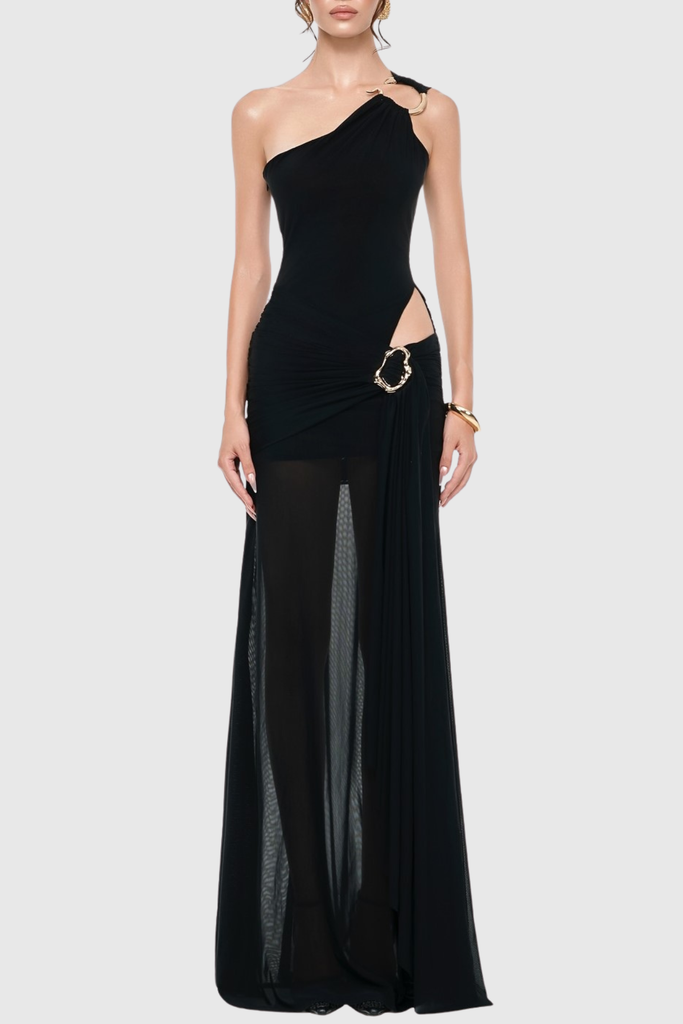 Stylish beautiful dress | josephine One Shoulder Mesh Draped Cutout Maxi Dress - Ideal for special occasions