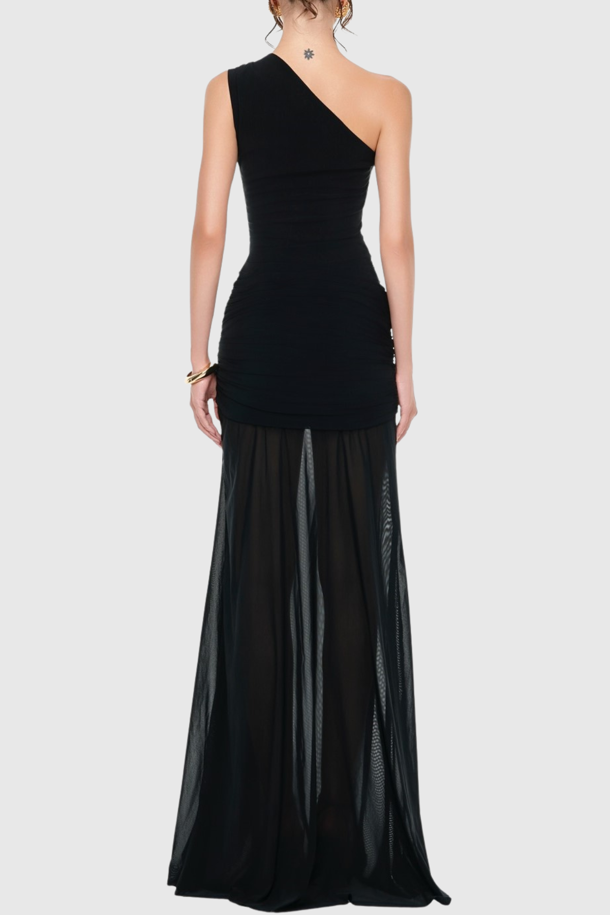 Kahdal One Shoulder Mesh Draped Cutout Maxi Dress