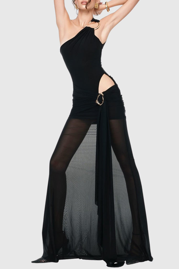 josephine One Shoulder Mesh Draped Cutout Maxi Dress - Stylish beautiful dress for special occasions | Buy Online