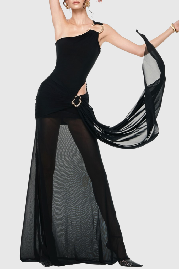 Stylish beautiful dress | josephine One Shoulder Mesh Draped Cutout Maxi Dress - Ideal for special occasions