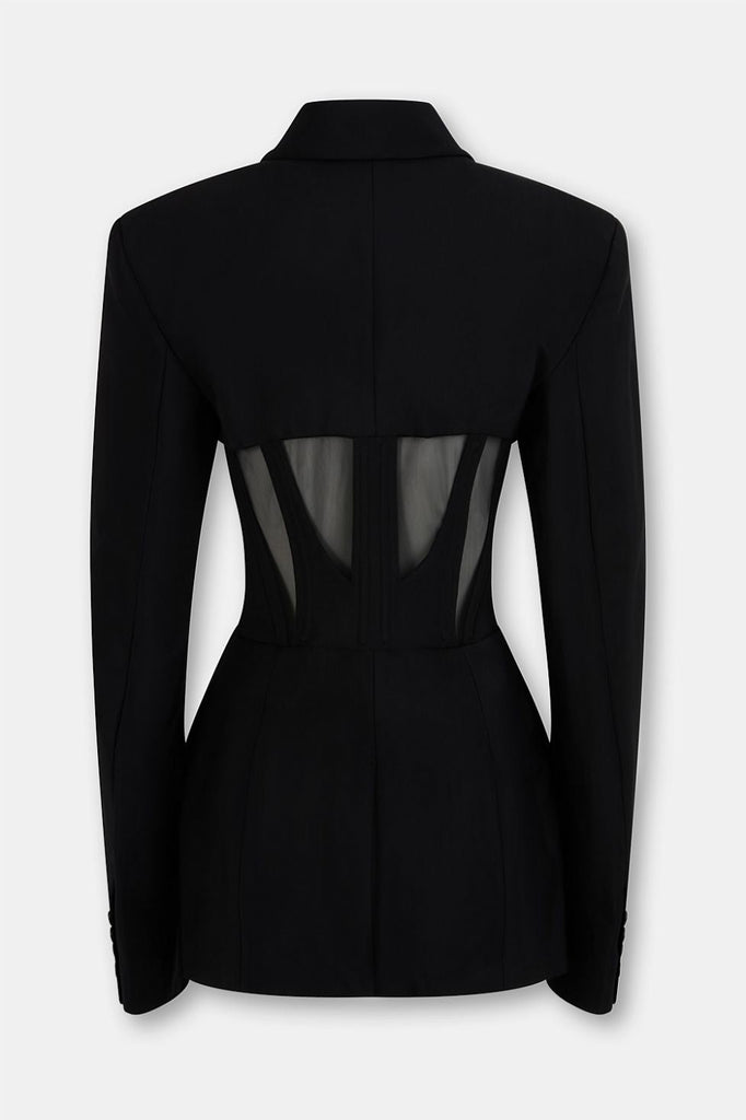 Stylish black dress | Kamryn Paneled Mesh Blazer - Black - Ideal for special occasions