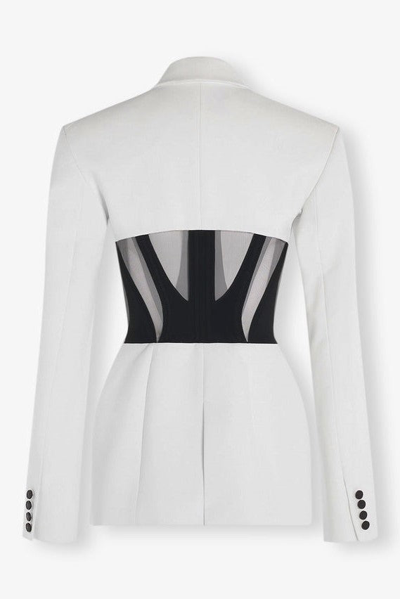 Stylish white dress | Kamryn Paneled Mesh Blazer - White - Ideal for special occasions