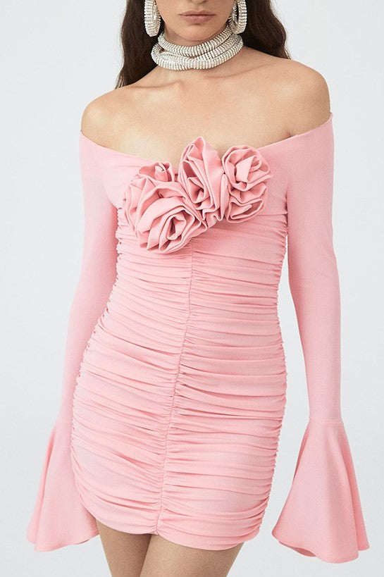 Stylish beautiful dress | Karla Ruched Flower Off Shoulder Mini Dress - Ideal for special occasions